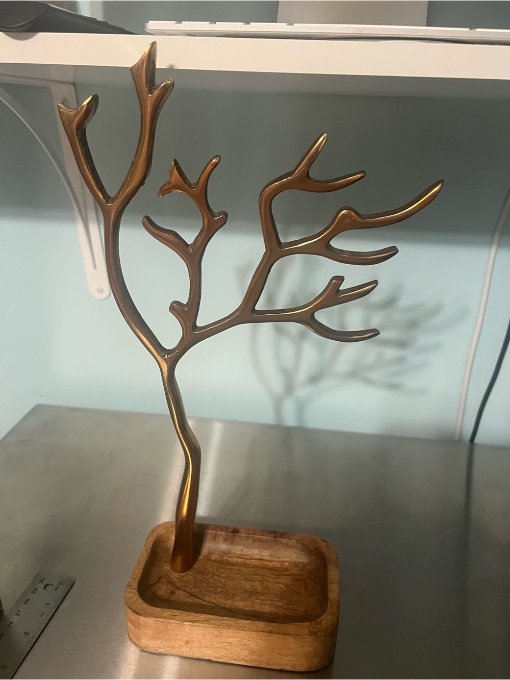 Brass-Tone Branch Jewelry Stand with Wooden Base - Home Art